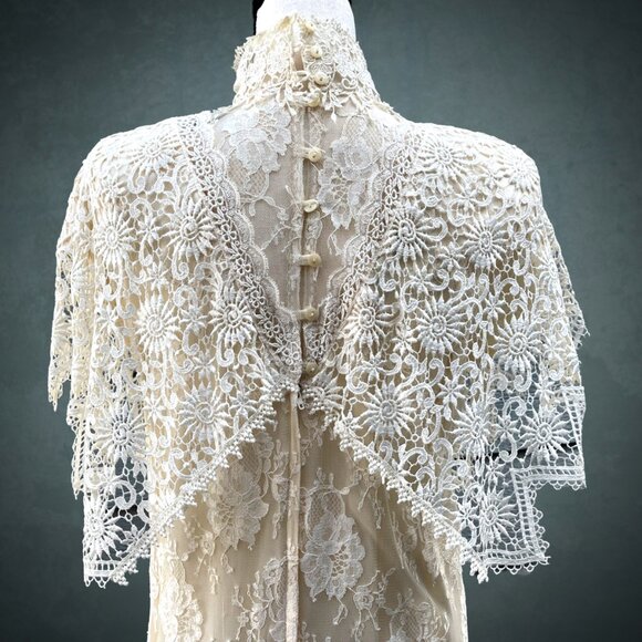 VTG 80s JESSICA MCCLINTOCK Ivory Lace Victorian Style Wedding Dress High Neck 6 - Picture 3 of 12